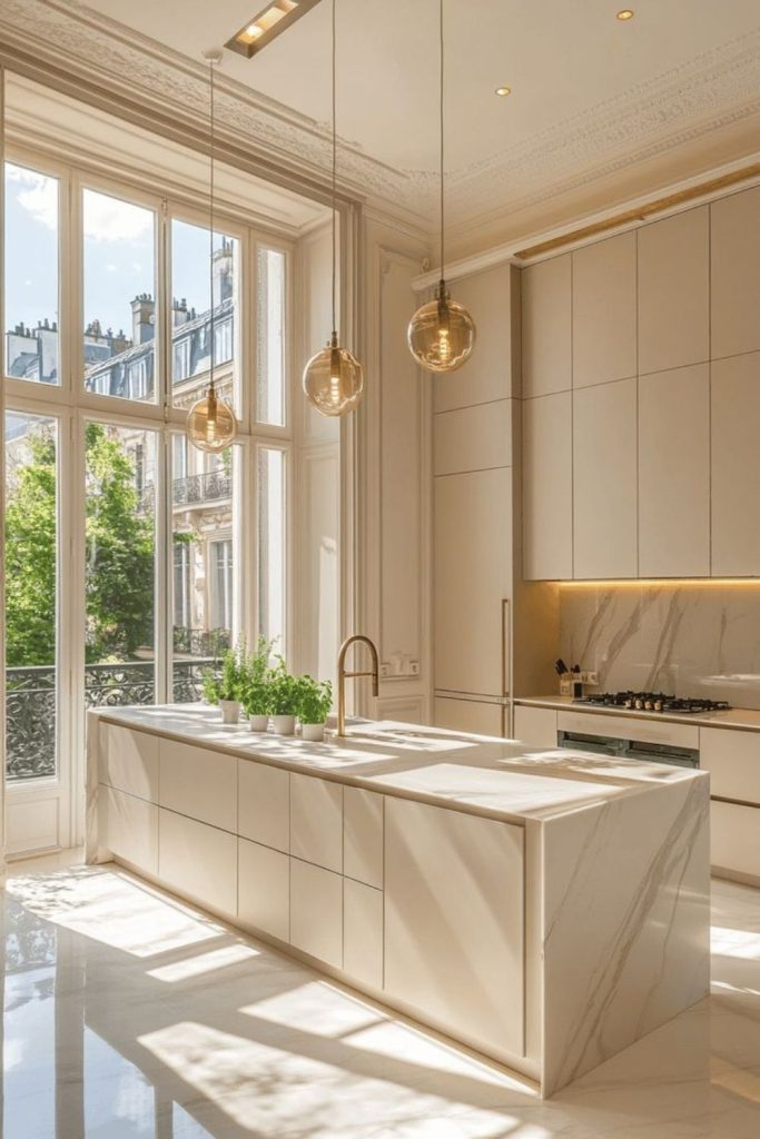 Elegant marble kitchen with champagne cabinets
