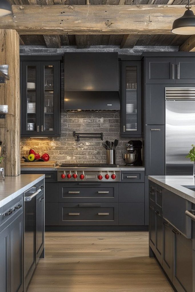 Smoky grey cabinets with industrial rustic appeal.