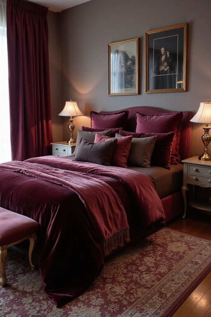Romantic burgundy bedroom cherrywood intimate corner