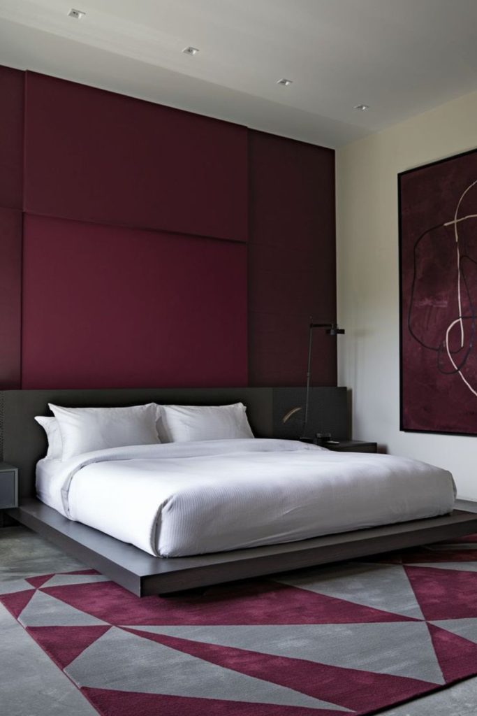 Modern burgundy bedroom geometric abstract flair