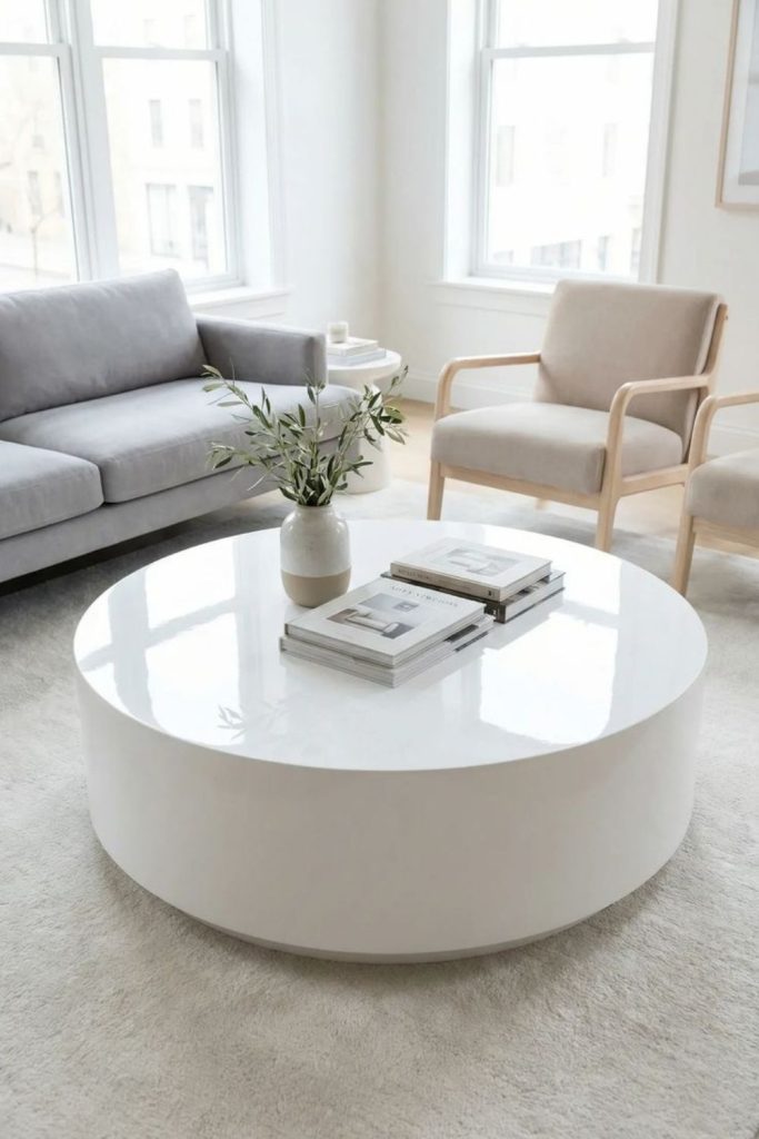 White minimalist round coffee table setup