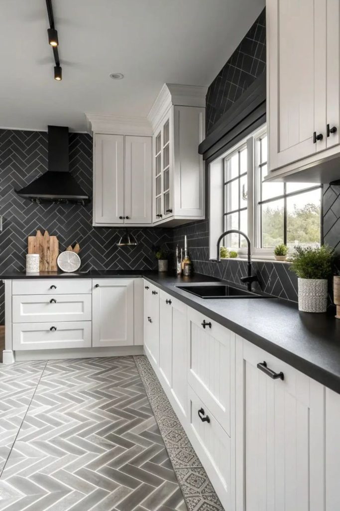 Cloud white cabinets slice black countertops.