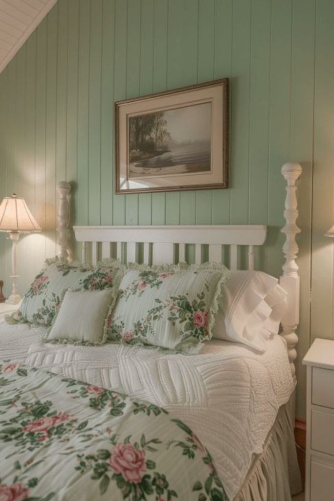 Shamrock print bedding in cottage room
