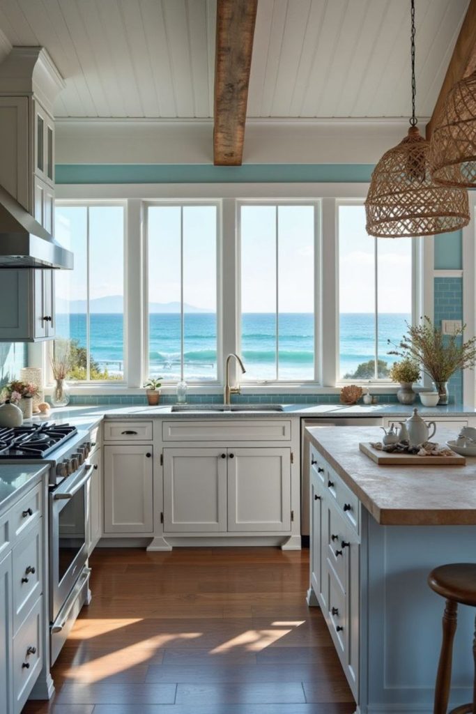 Coastal-themed kitchen with ocean blue accents