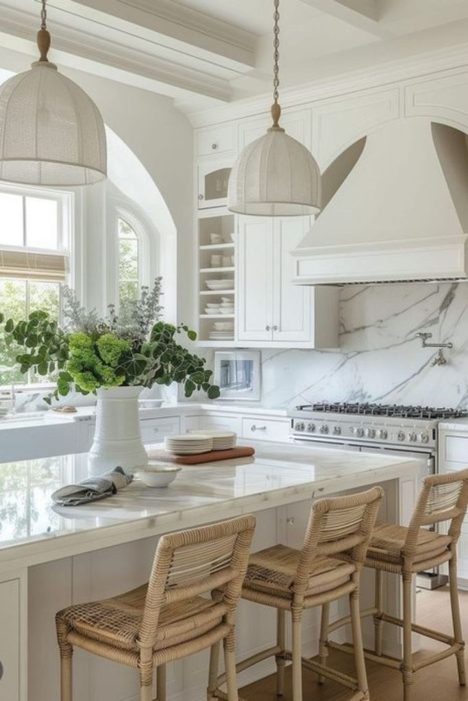 Whitewashed island with shells and linen.