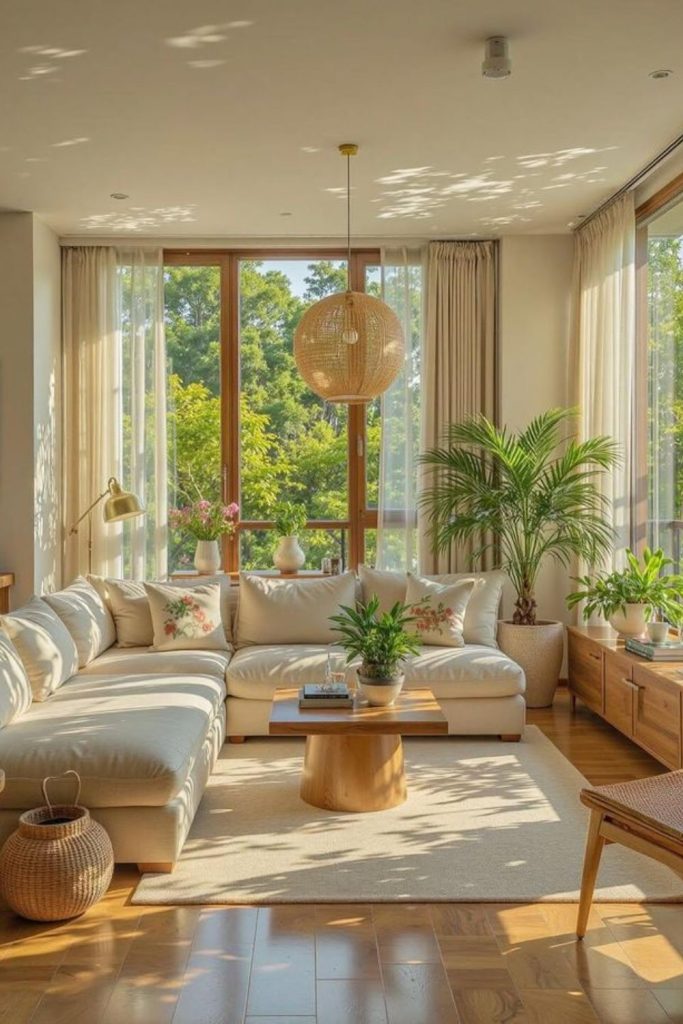 Neutral coastal living room décor style.