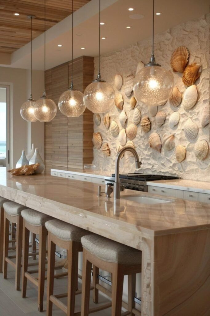 Mosaic shell island with driftwood accents.