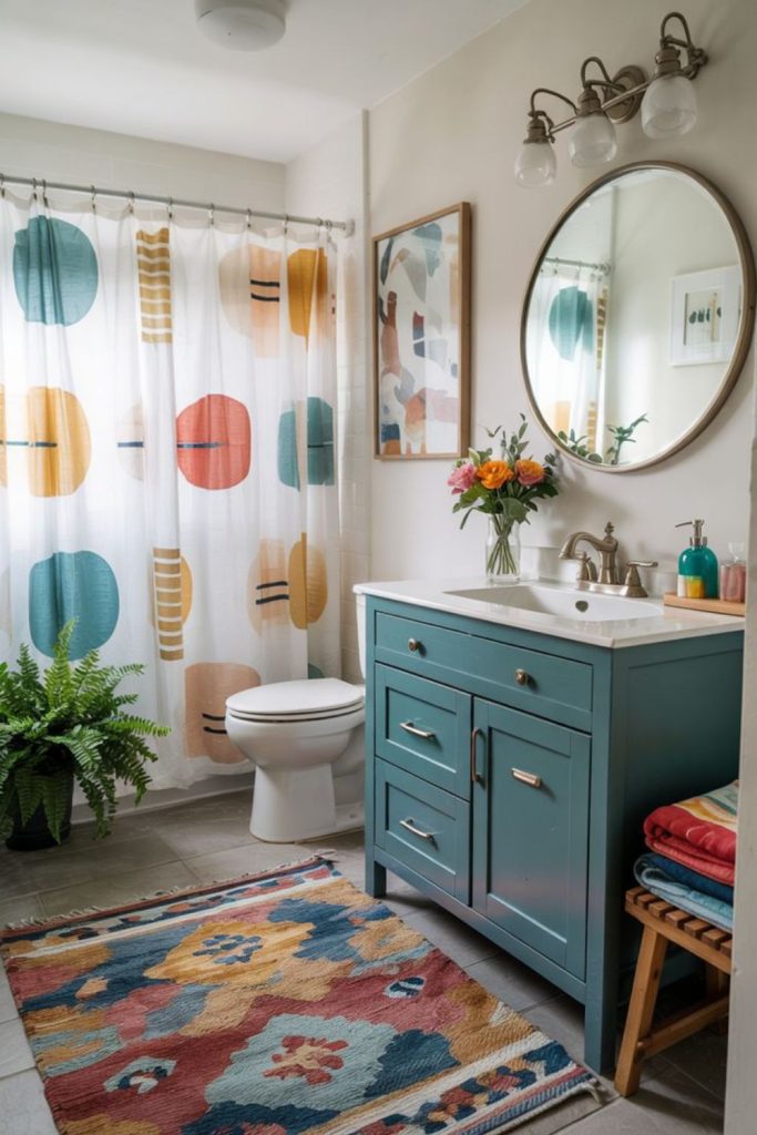 Minimal white bathroom with color