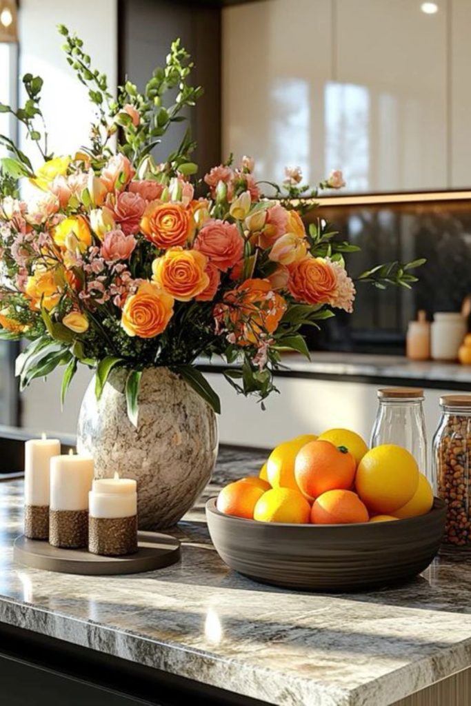 Bright ceramics and flowers energize countertop.
