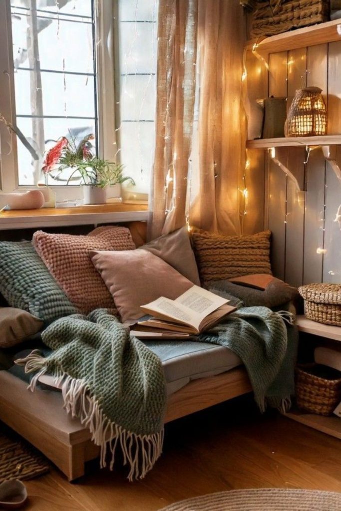 Sloped ceiling, fairy lights, cozy nook