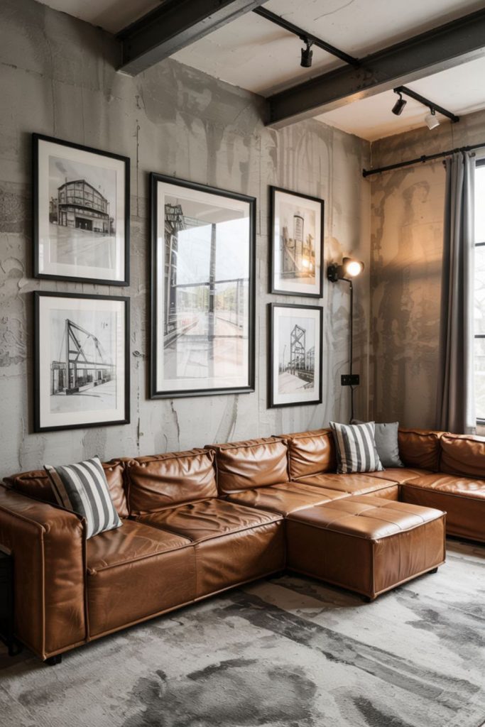 Industrial concrete lounge with leather accents.