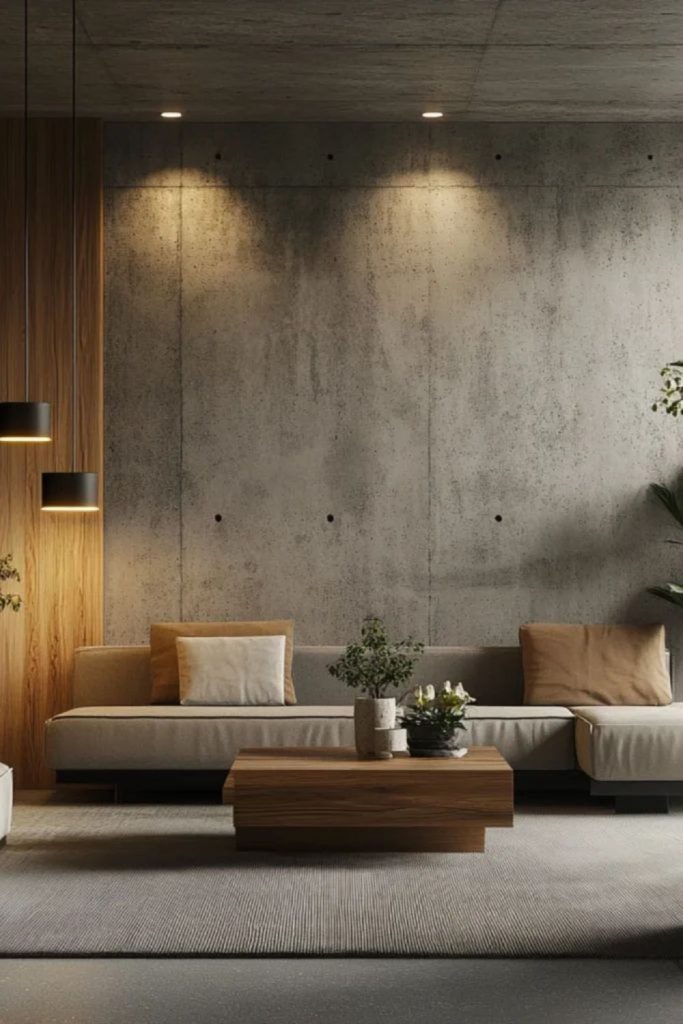 Raw cement surfaces convey industrial aesthetic depth.