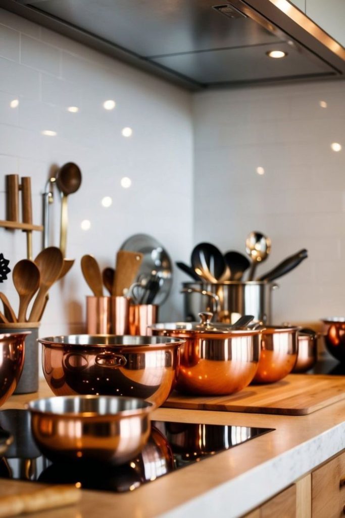 Copper bowls and trays create vibrancy.