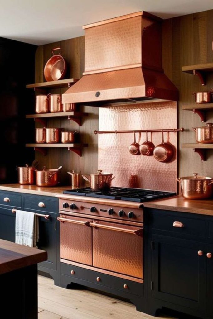 Shiny copper pans arranged as decorative artwork.