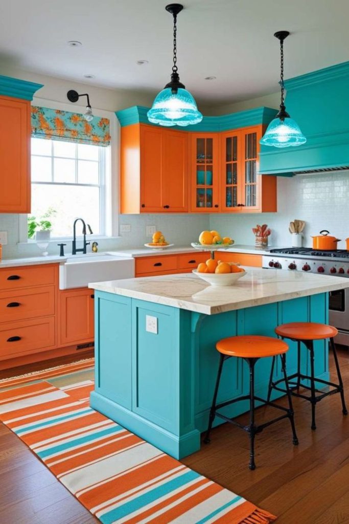 Coral turquoise textured colorful kitchen