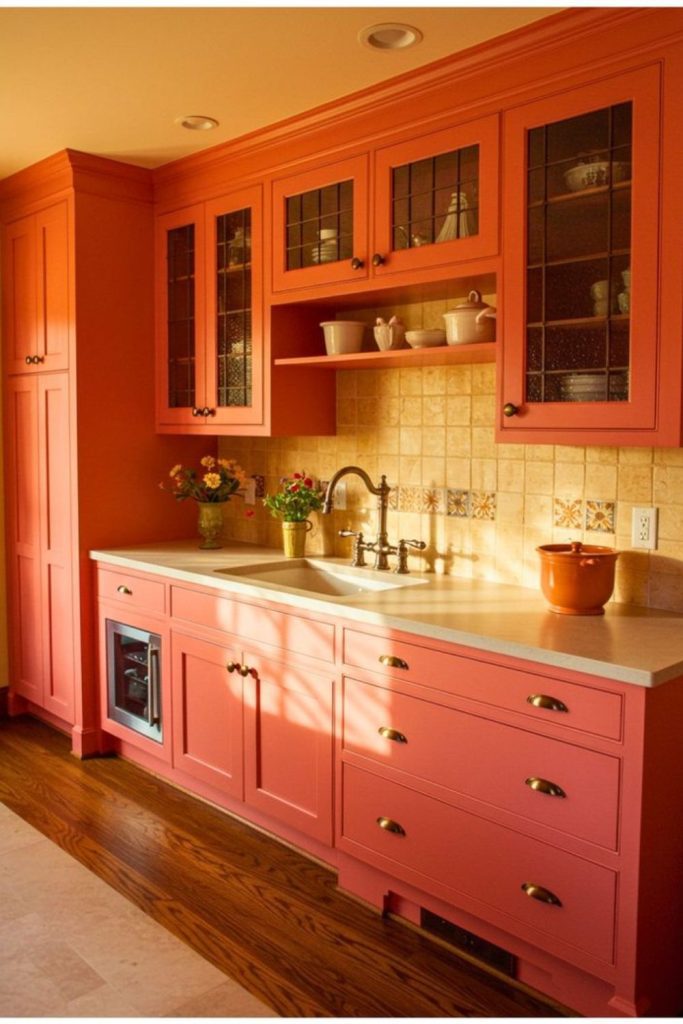 Coral orange glowing vibrant kitchen