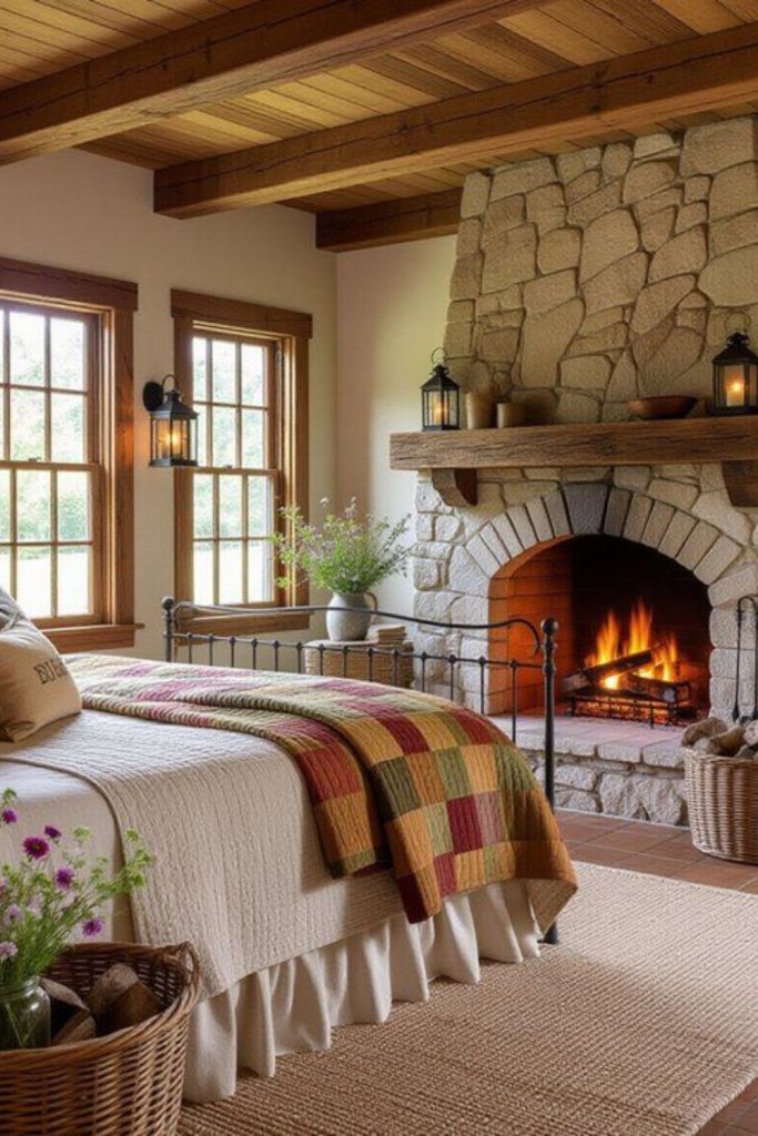 Cottage bedroom with fireplace and quilt.