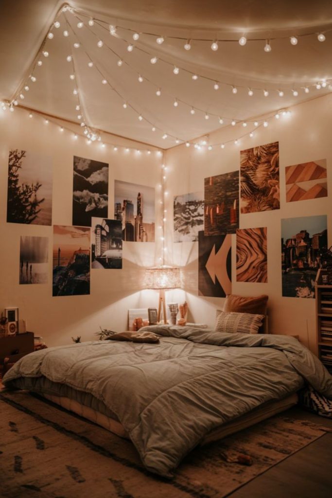 Raised bed, string lights, soft rugs