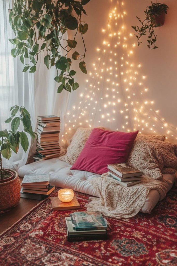Soft pillows, rugs, fairy light corner