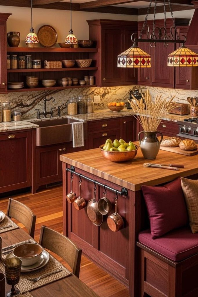 Deep red oak Victorian kitchen