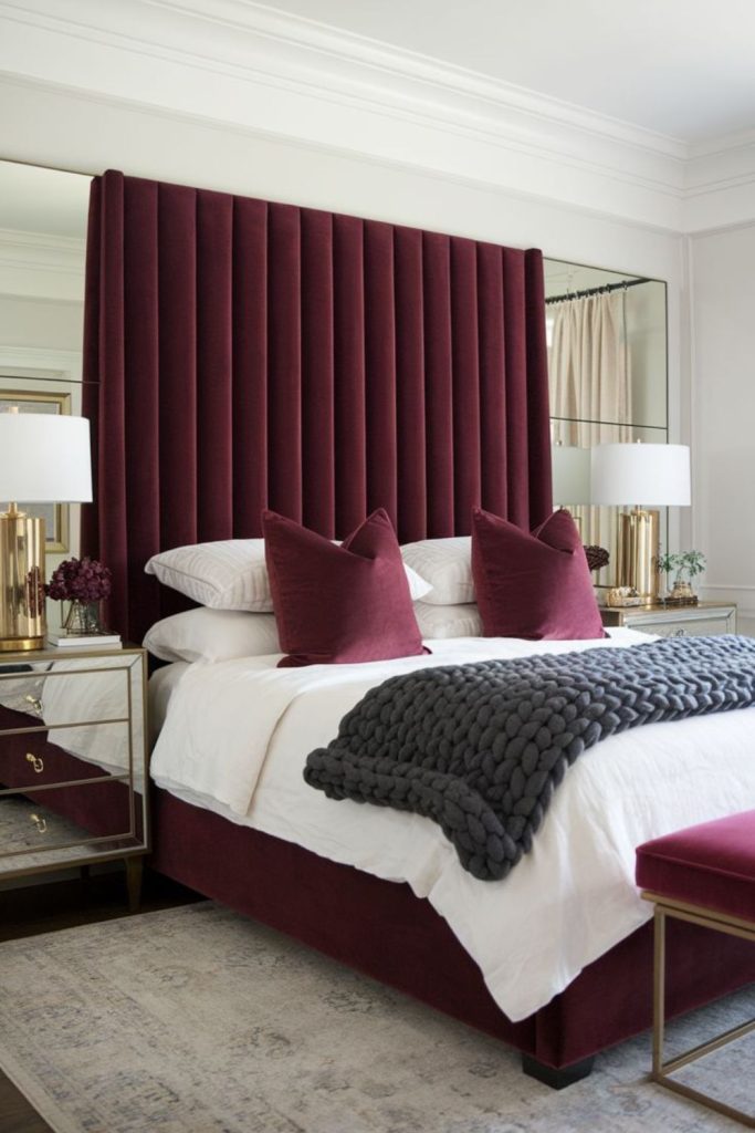 Opulent cranberry bedroom luxurious cozy interior