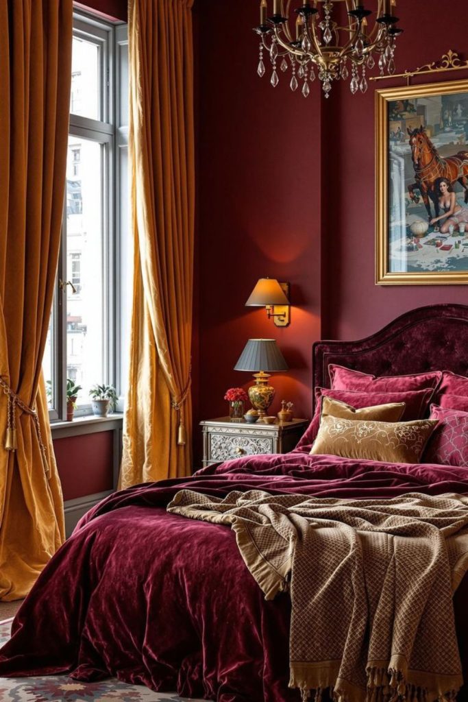 Art deco burgundy bedroom gold accents