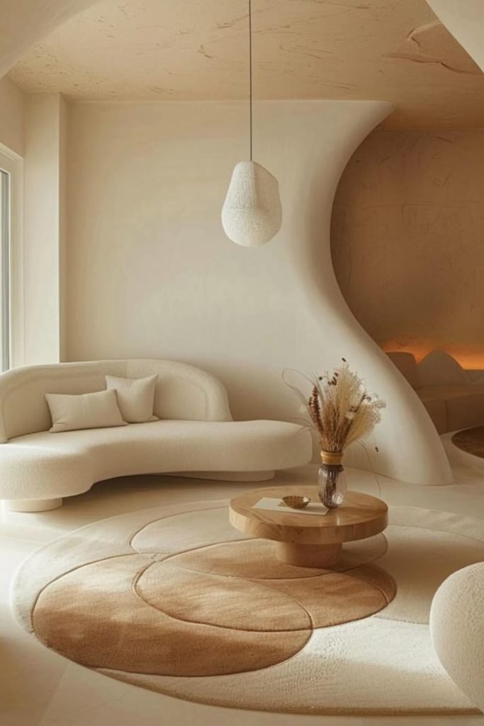 Curved walls, coiled rug, soft embrace
