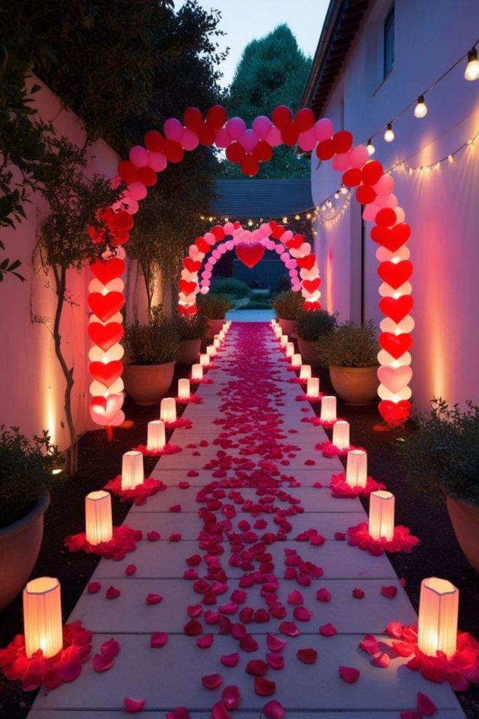 Lanterns with heart motifs lining pathway.