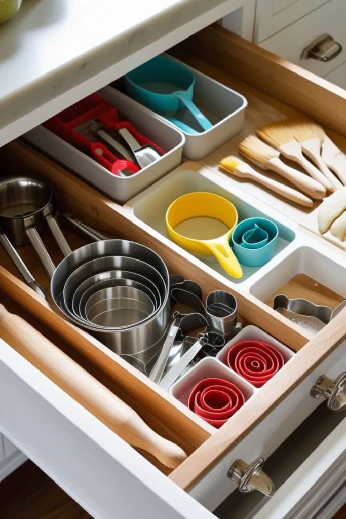 Layered drawers organize utensils and gadgets.