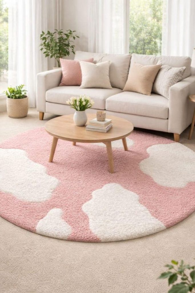 Blush walls, round rug, soft lighting