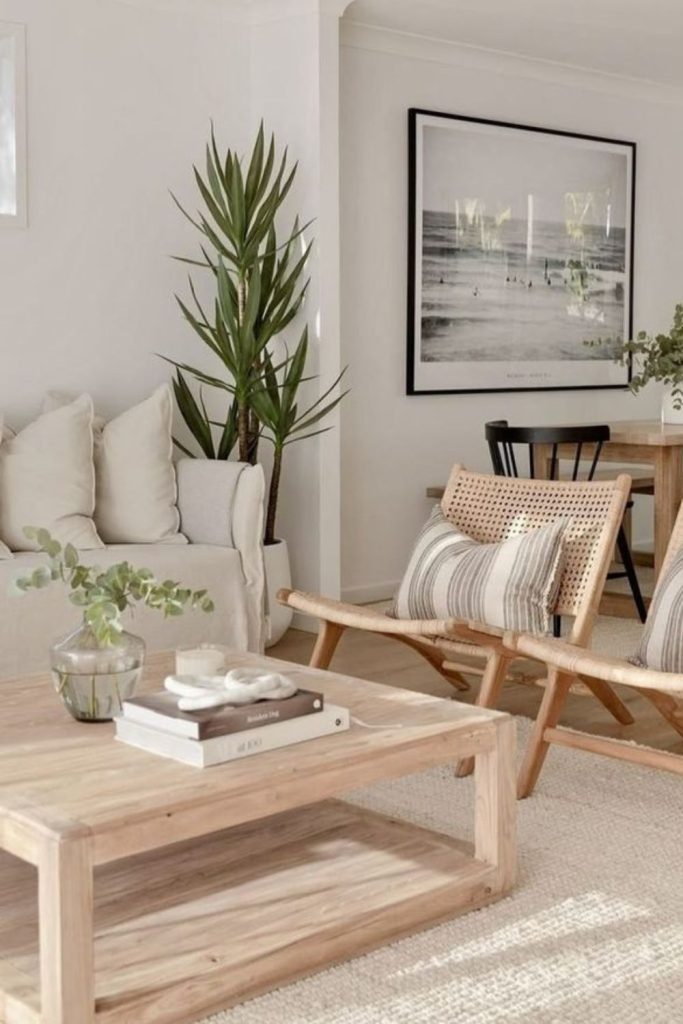 Weathered driftwood accents and soft lighting