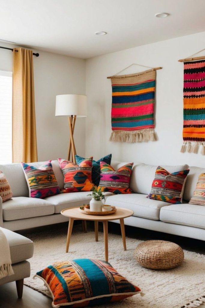 Colorful woven tapestries eclectic floor cushions