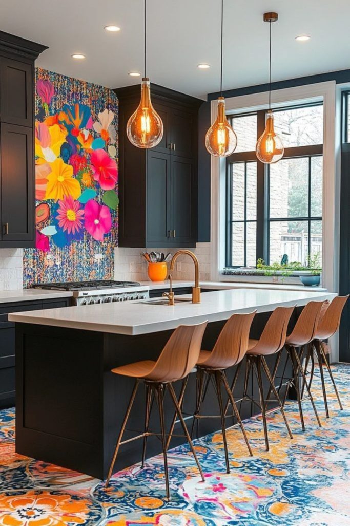 Bold colorful island with scattered accents.