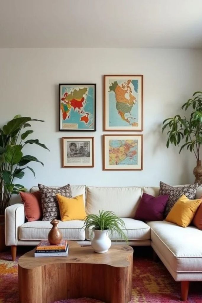 Vibrant eclectic lounge with mixed textures.