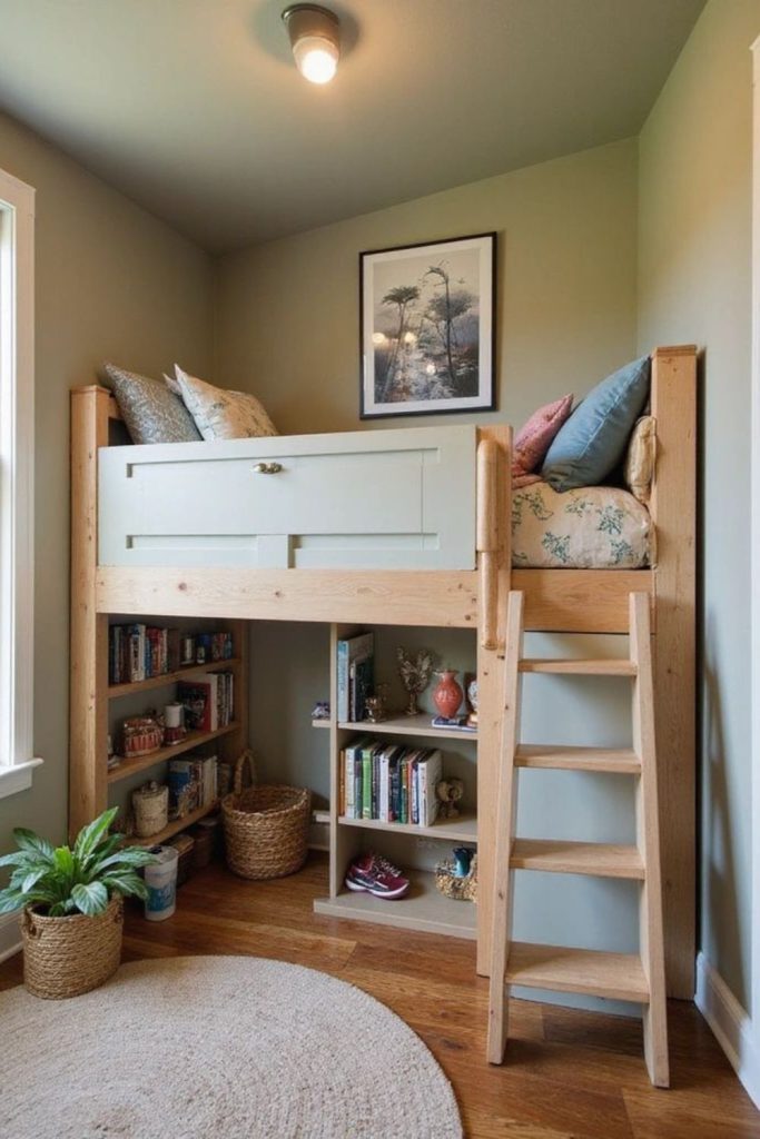 Raised bed, irregular shelves, cozy chaos