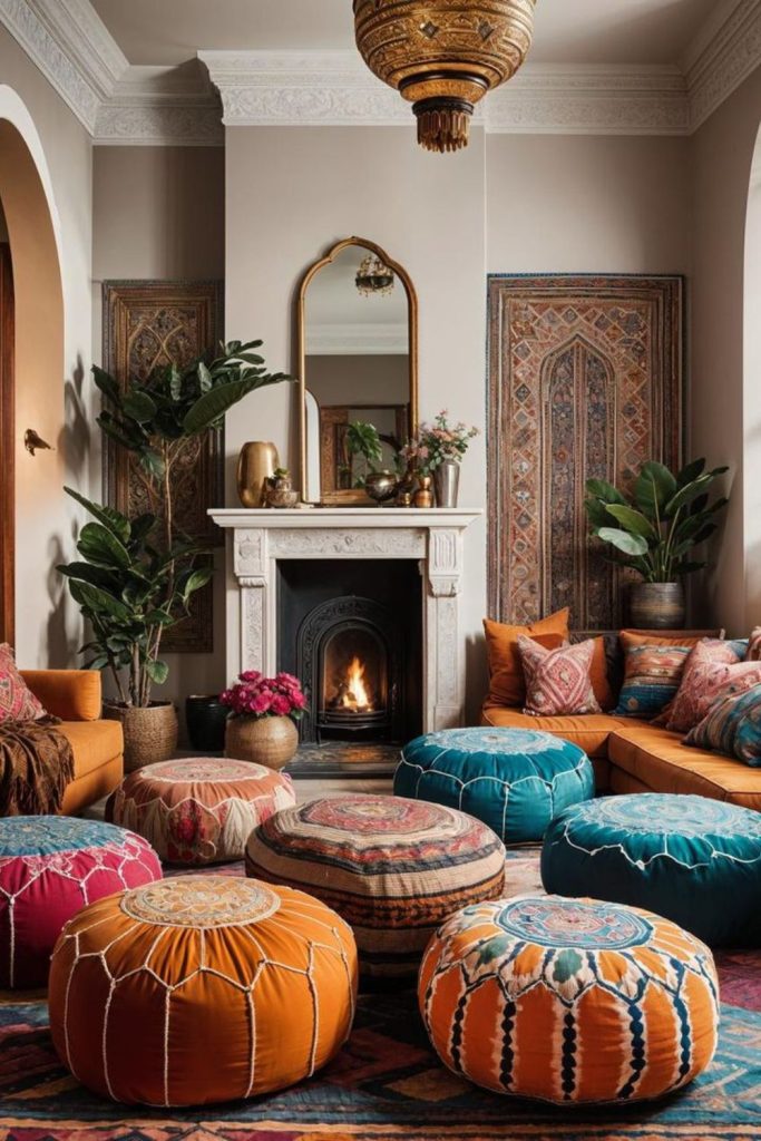 Layered textiles poufs playful eclectic decor