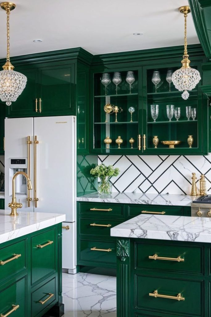 Emerald green kitchen with brass accents.