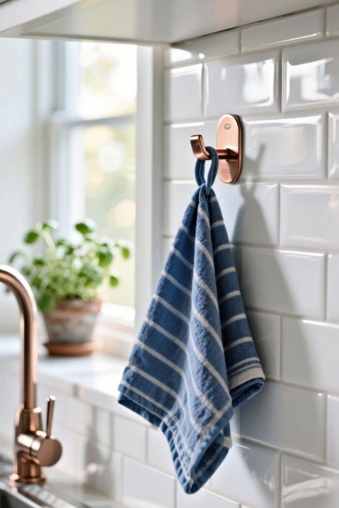 Hanging fabric pockets holding kitchen essentials