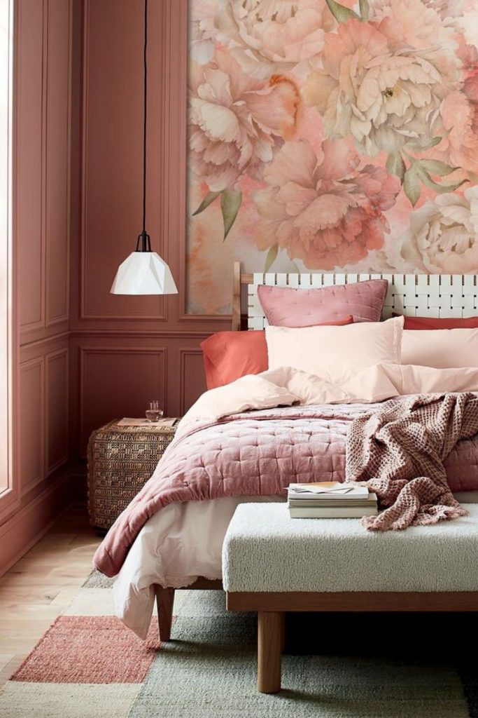Blush peony wallpaper romantic vintage bedroom.