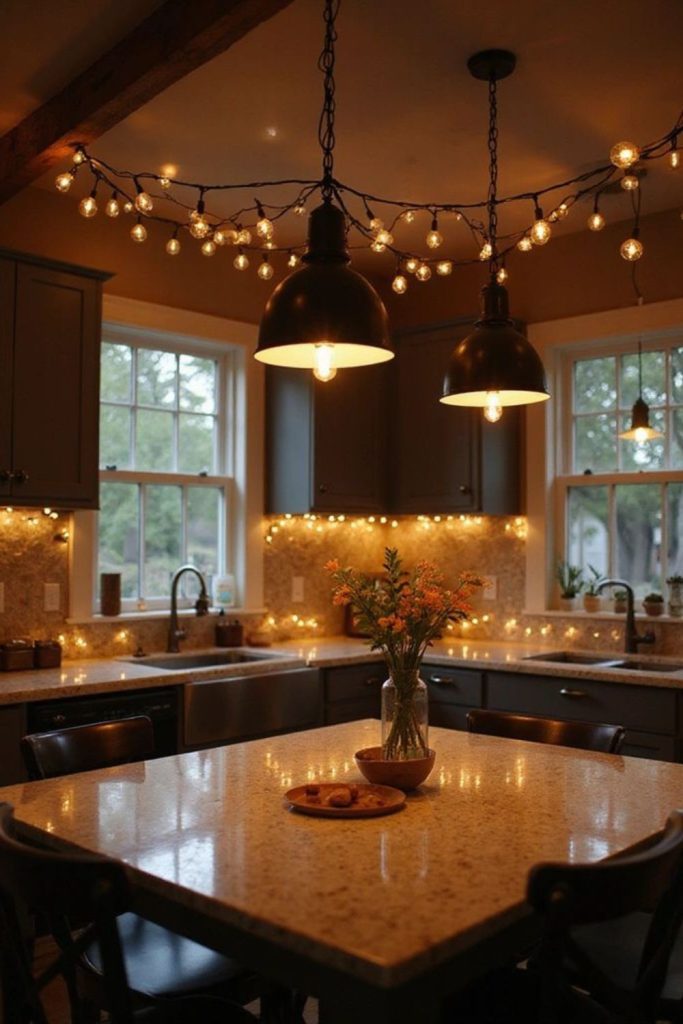 Hanging fairy lights illuminate whimsical kitchen