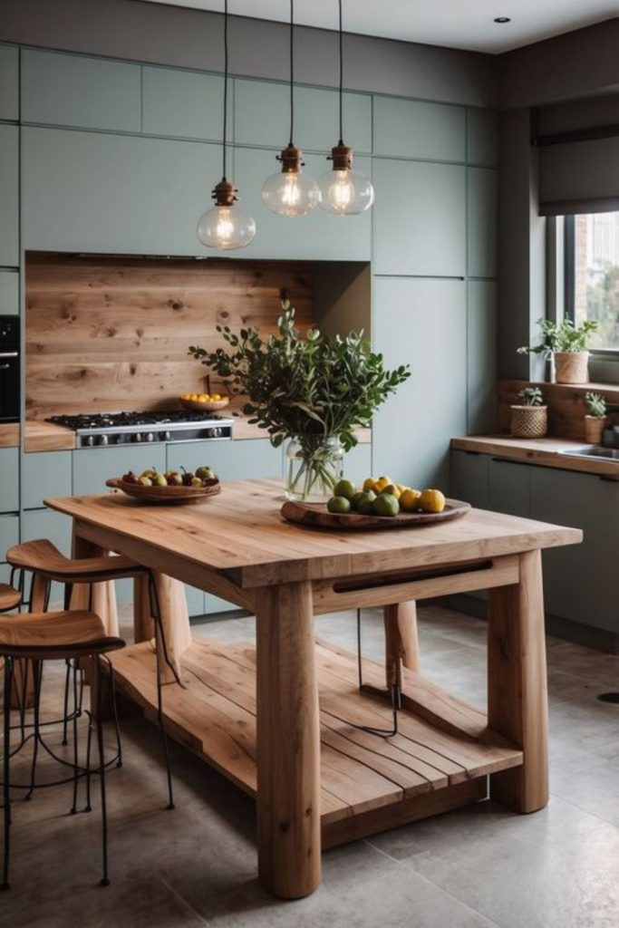 Rustic island with herbs and crates.