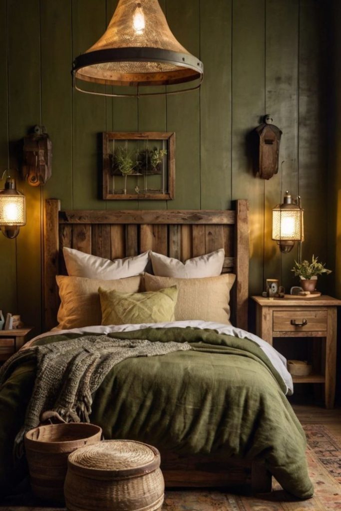 Fern woodland cabin style cozy bedroom.