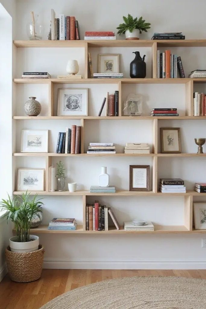 Books staggered across tilted floating wall shelves.