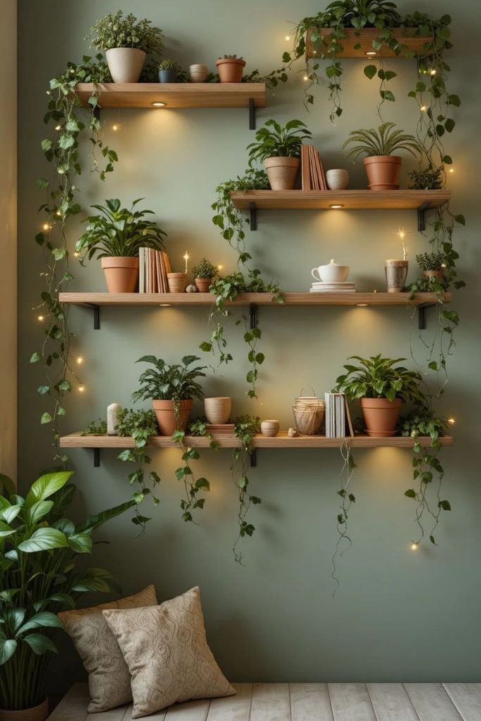Suspended plants decorating airy shelves.