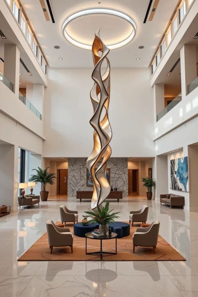 Suspended walkways add dynamic multi-level visual intrigue.