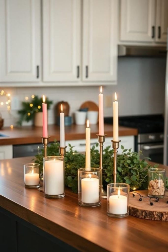 Candles of varying heights flicker softly.