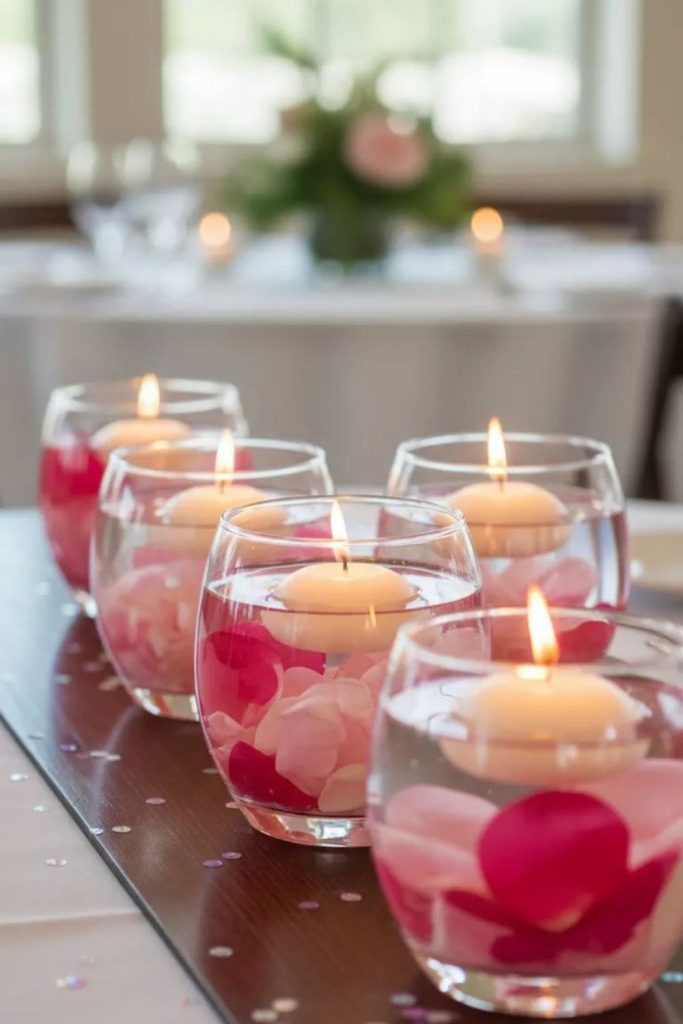 Glass jars with floating candles and petals.