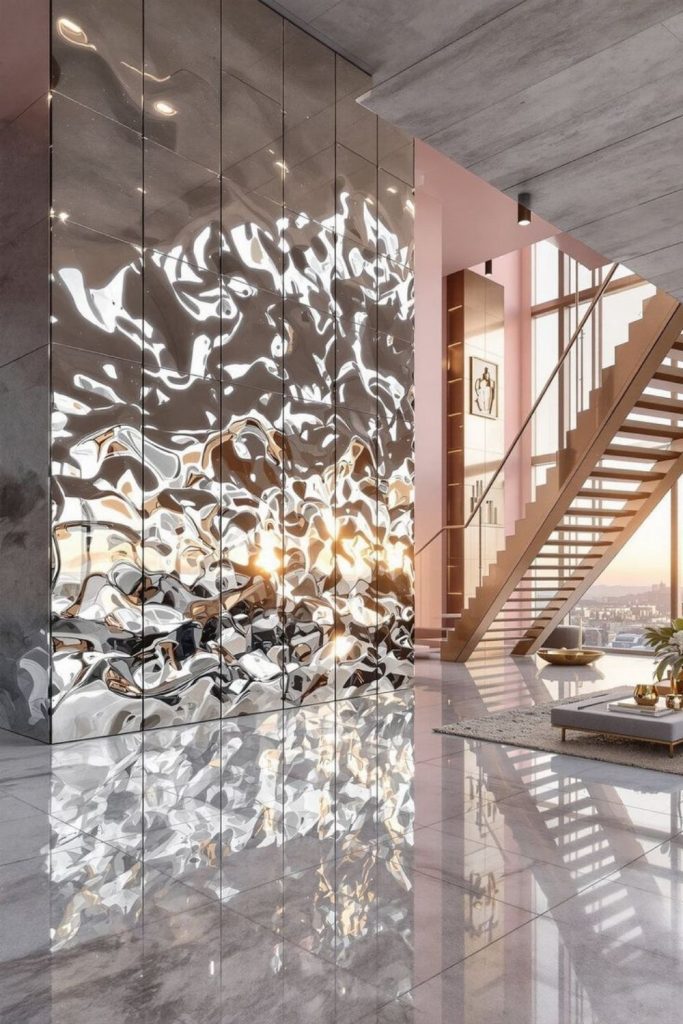 Crystals suspended creating sparkling wall reflections effect.