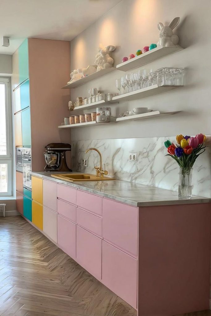 Cabinets suspended like floating fluffy clouds
