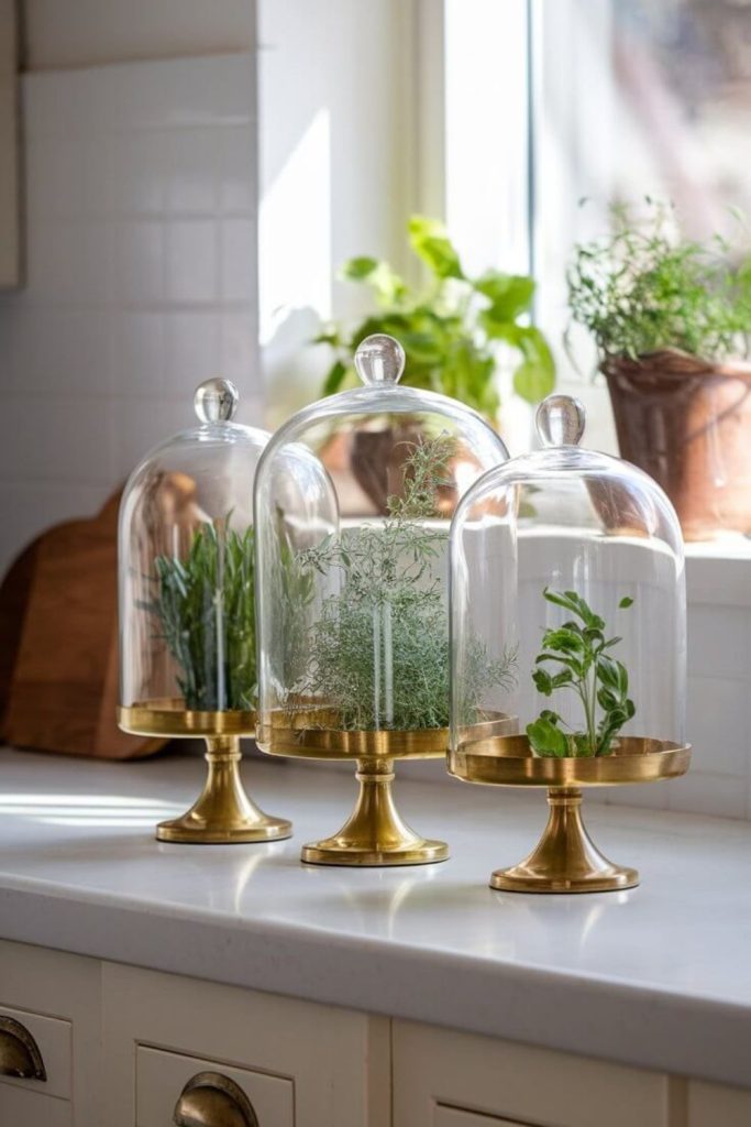 Glass domes covering miniature plants inside.